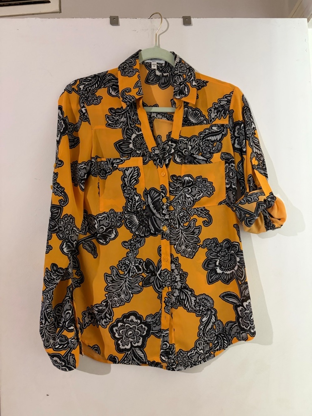 Express Floral Button-Down Shirt in Mustard Yellow and Black